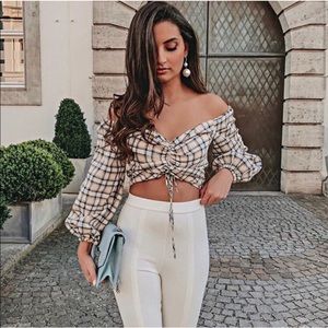 Zara off the shoulder plaid ruched crop top S